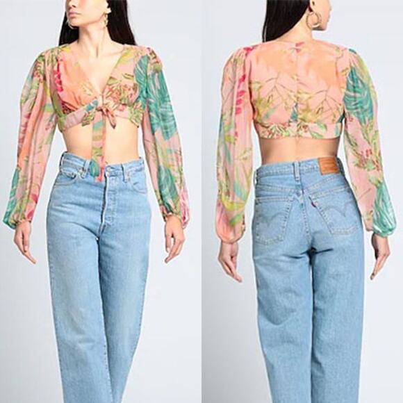 NWT Patbo Tropicalia Tie-Front  Cropped Puff Sleeve Lined Top Harbour Pink Sz: 0 - Picture 8 of 8